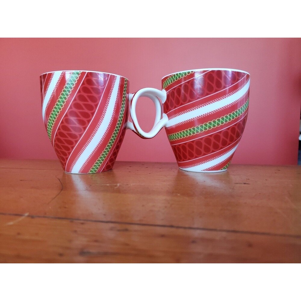 2 Starbucks Coffee Cup Mug 2005 Christmas Candy Cane Ribbon Red